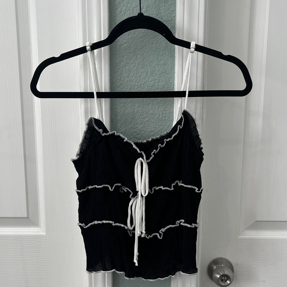 Ruffle Trim Tie-Front Cami Tank Top - Black